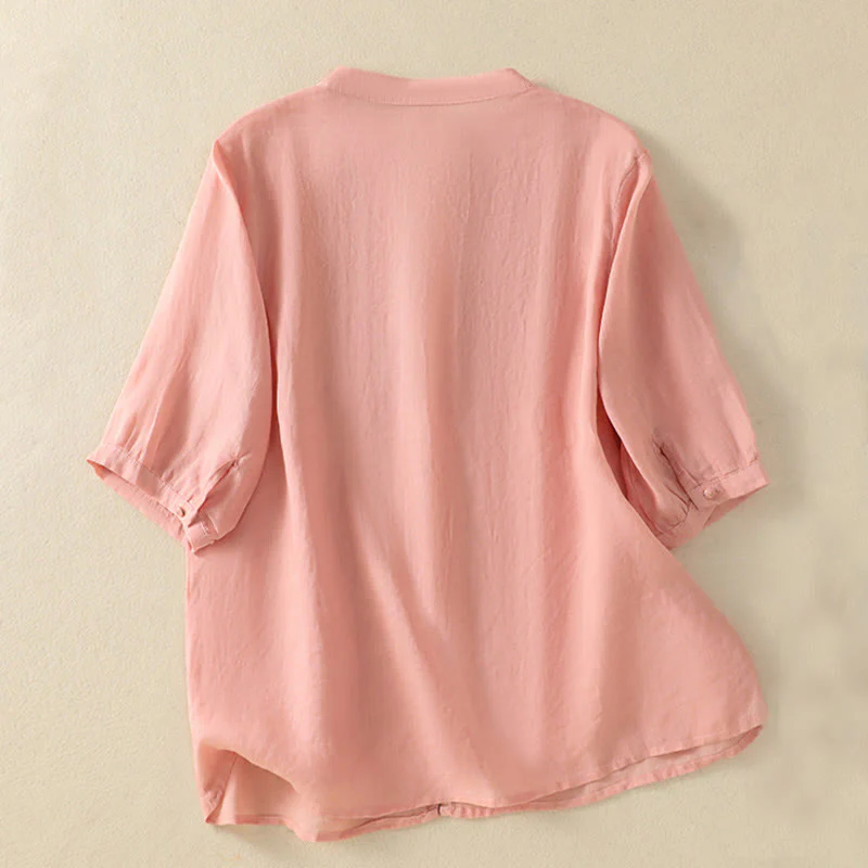 Camicia da donna in cotone a mezza manica con ricamo floreale Buddha Stones e bottoni - Image 13