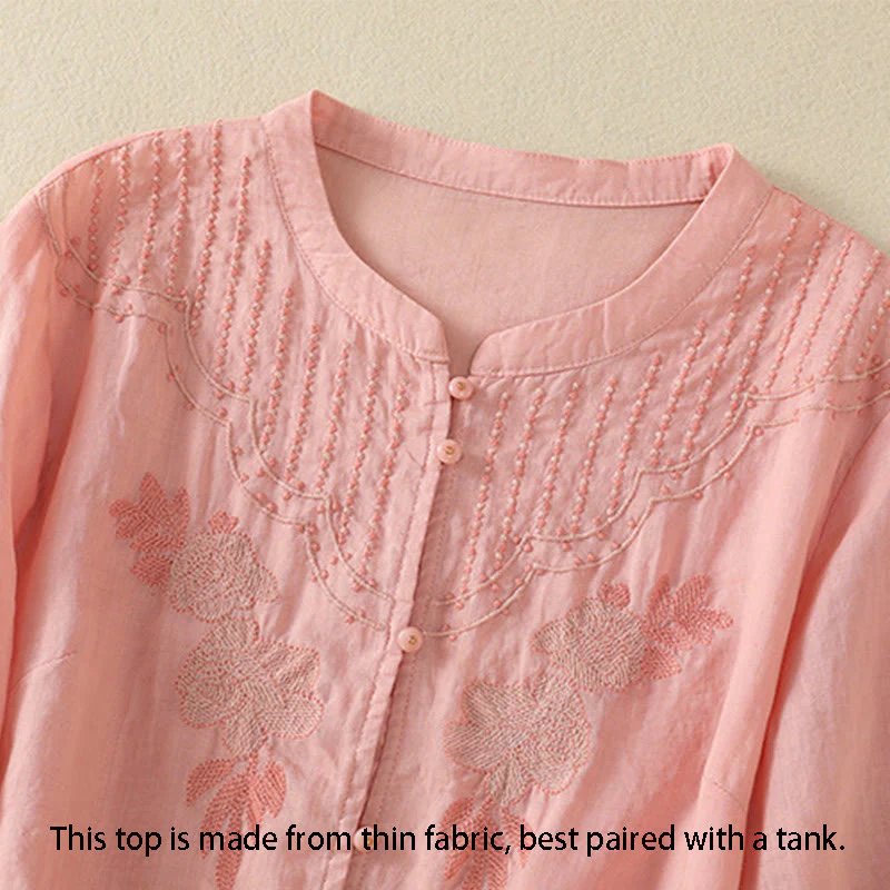 Camicia da donna in cotone a mezza manica con ricamo floreale Buddha Stones e bottoni - Image 15