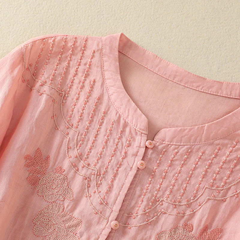 Camicia da donna in cotone a mezza manica con ricamo floreale Buddha Stones e bottoni - Image 17