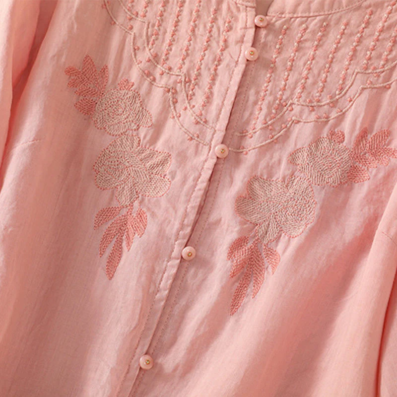 Camicia da donna in cotone a mezza manica con ricamo floreale Buddha Stones e bottoni - Image 18