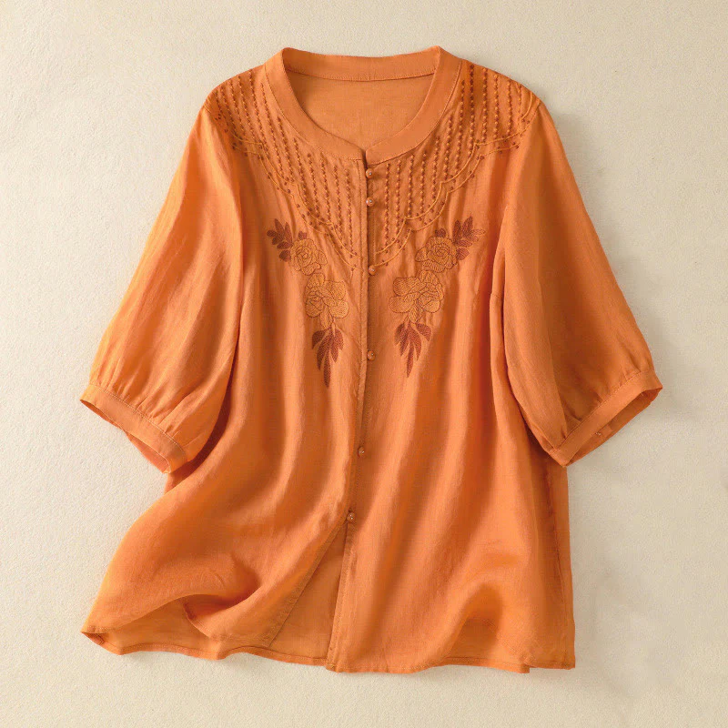 Camicia da donna in cotone a mezza manica con ricamo floreale Buddha Stones e bottoni - Image 24