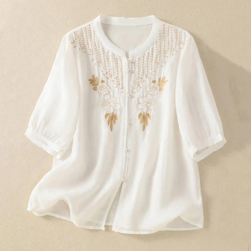 Camicia da donna in cotone a mezza manica con ricamo floreale Buddha Stones e bottoni - Image 34
