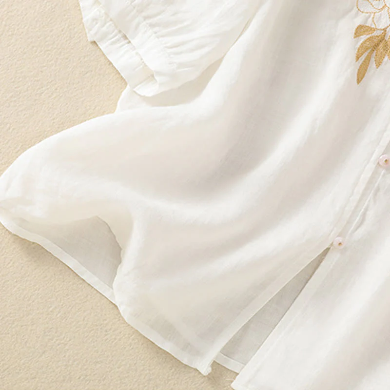 Camicia da donna in cotone a mezza manica con ricamo floreale Buddha Stones e bottoni - Image 40