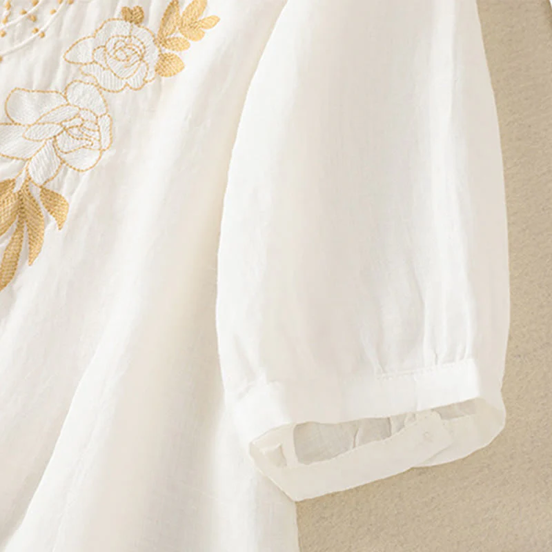 Camicia da donna in cotone a mezza manica con ricamo floreale Buddha Stones e bottoni - Image 41
