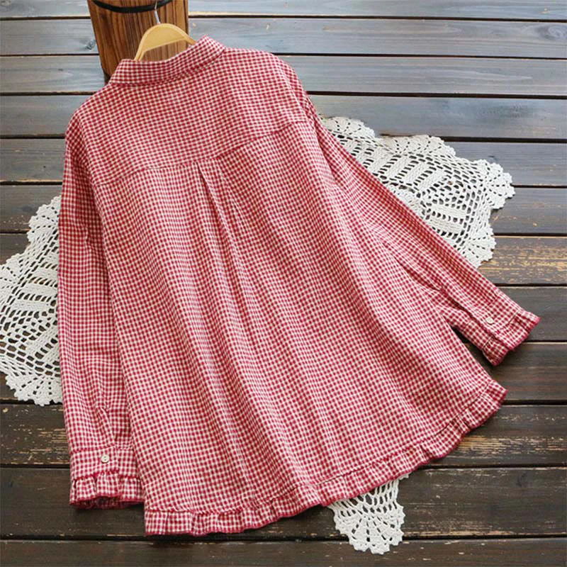 Camicia da donna in cotone con bottoni, a maniche lunghe, motivo a quadri primaverili Buddha Stones con orlo arricciato - Image 2