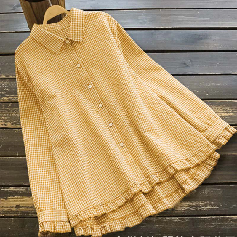 Camicia da donna in cotone con bottoni, a maniche lunghe, motivo a quadri primaverili Buddha Stones con orlo arricciato - Image 3