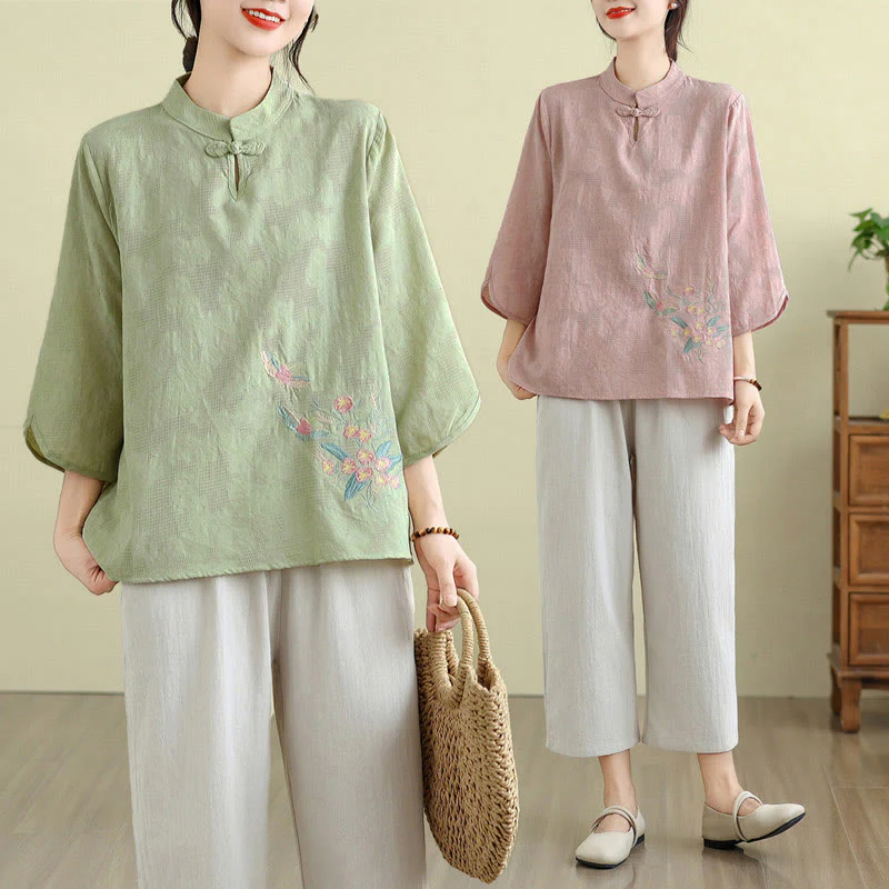 Camicia da donna in cotone con collo alla coreana, maniche a tre quarti, ricamo floreale con Buddha Stones un bottone a forma di rana - Image 28