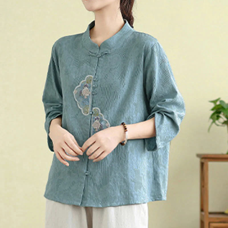 Camicia da donna in cotone con maniche a tre quarti, bottoni a rana, ricamo floreale in jacquard Buddha Stones - Image 12