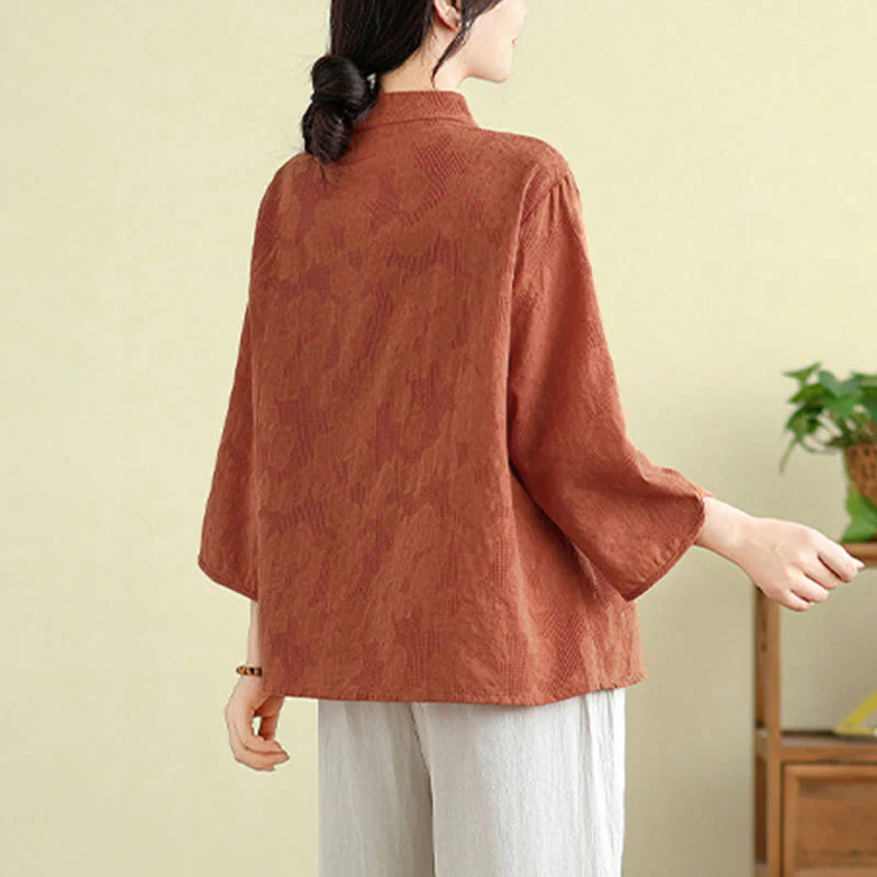 Camicia da donna in cotone con maniche a tre quarti, bottoni a rana, ricamo floreale in jacquard Buddha Stones - Image 3