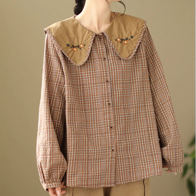 Camicia da donna in cotone con motivo scozzese ricamato con Buddha Stones