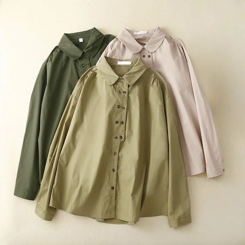 Camicia da donna in cotone con revers, a maniche lunghe e doppiopetto, tinta unita, Buddha Stones