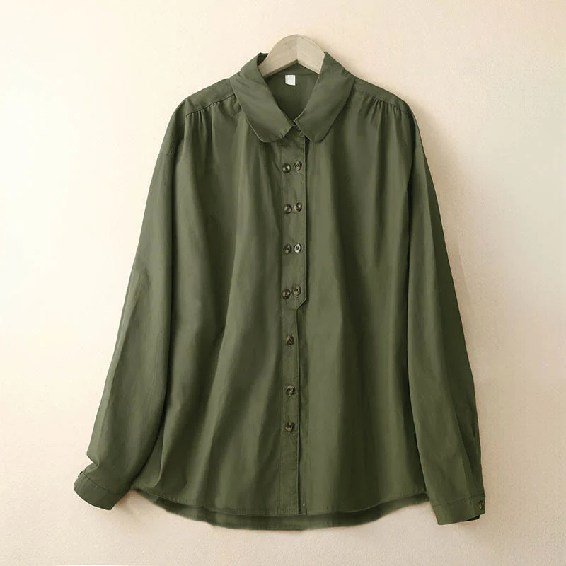 Camicia da donna in cotone con revers, a maniche lunghe e doppiopetto, tinta unita, Buddha Stones - Image 2