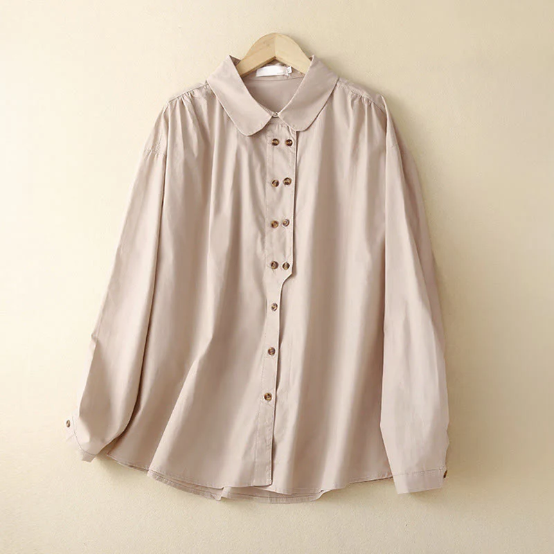 Camicia da donna in cotone con revers, a maniche lunghe e doppiopetto, tinta unita, Buddha Stones - Image 6
