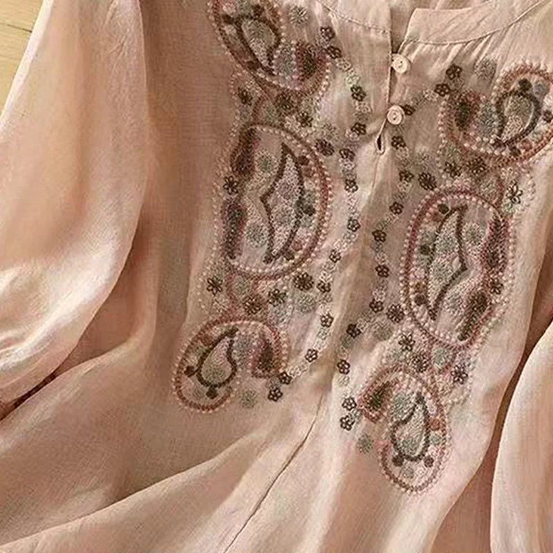 Camicia da donna in cotone con scollo a giro, manica corta, girocollo, con bottoni e ricamo Buddha Stones, casual e ampia - Image 15