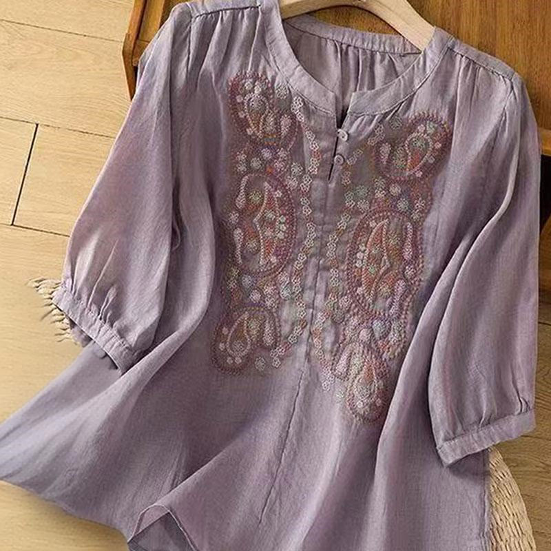 Camicia da donna in cotone con scollo a giro, manica corta, girocollo, con bottoni e ricamo Buddha Stones, casual e ampia - Image 4