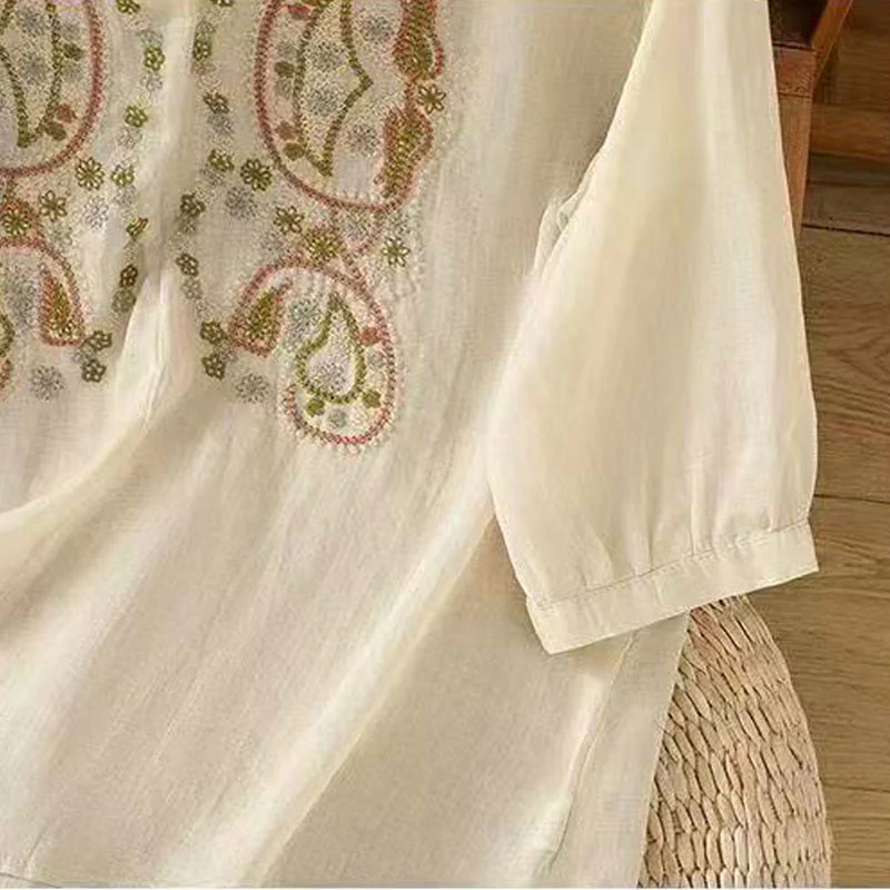 Camicia da donna in cotone con scollo a giro, manica corta, girocollo, con bottoni e ricamo Buddha Stones, casual e ampia - Image 7