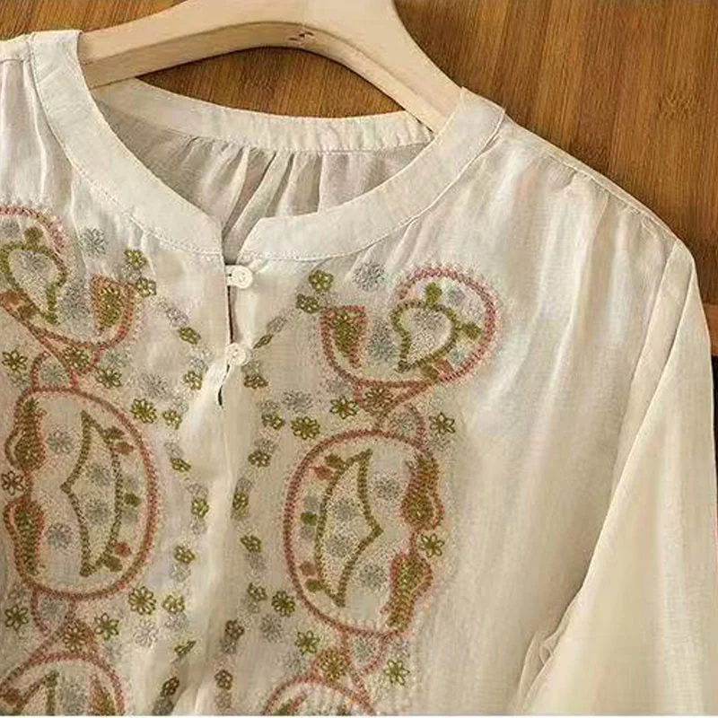 Camicia da donna in cotone con scollo a giro, manica corta, girocollo, con bottoni e ricamo Buddha Stones, casual e ampia - Image 9
