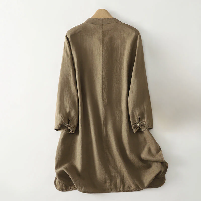 Camicia da donna in cotone di media lunghezza, manica a tre quarti, con colletto rialzato, bottoni a rana, tinta unita, Buddha Stones Fall - Image 3
