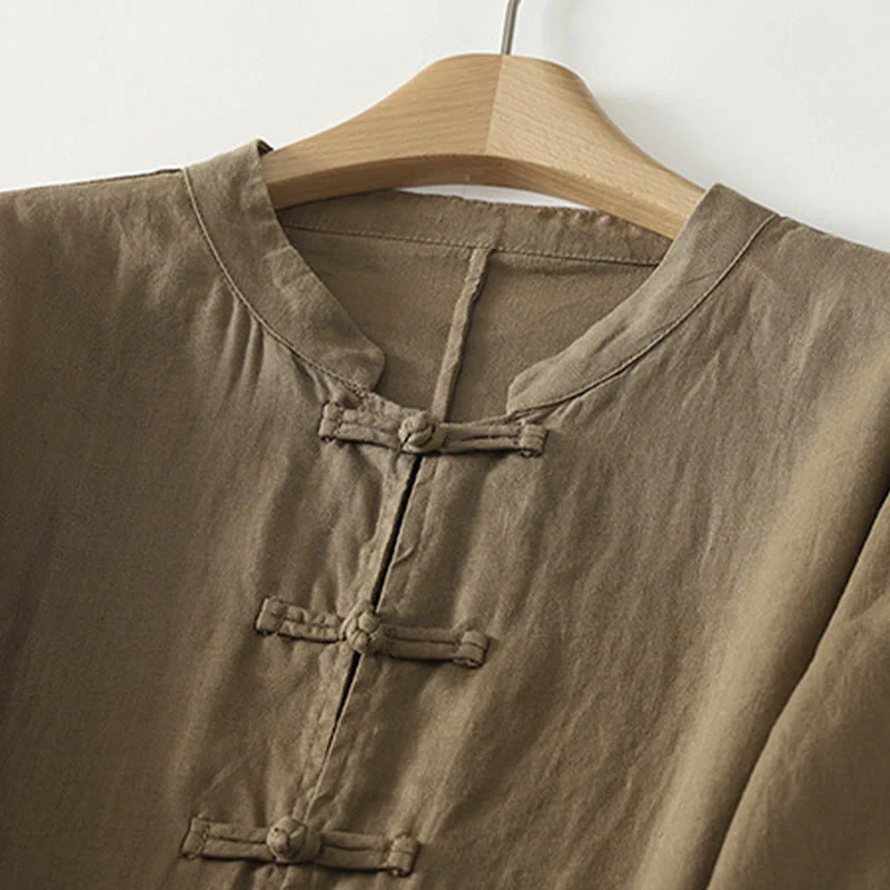 Camicia da donna in cotone di media lunghezza, manica a tre quarti, con colletto rialzato, bottoni a rana, tinta unita, Buddha Stones Fall - Image 4