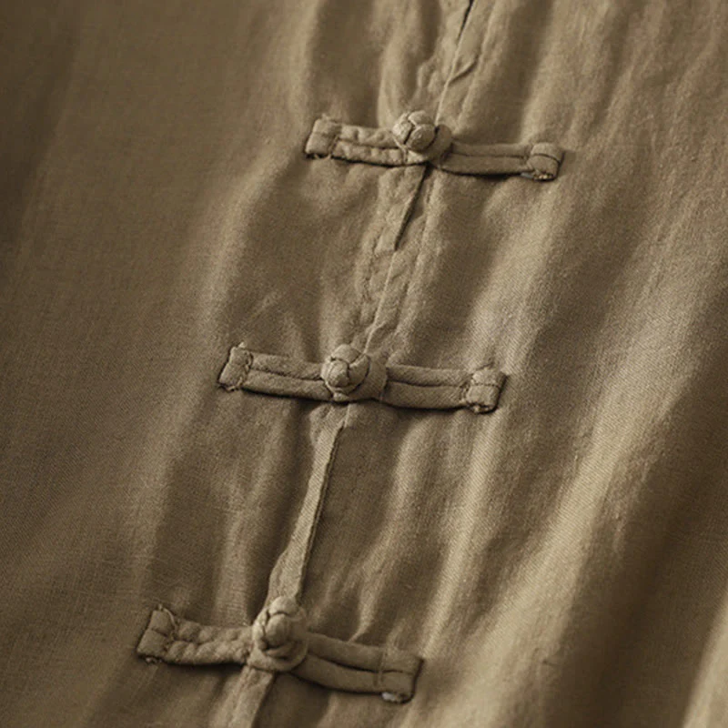 Camicia da donna in cotone di media lunghezza, manica a tre quarti, con colletto rialzato, bottoni a rana, tinta unita, Buddha Stones Fall - Image 5
