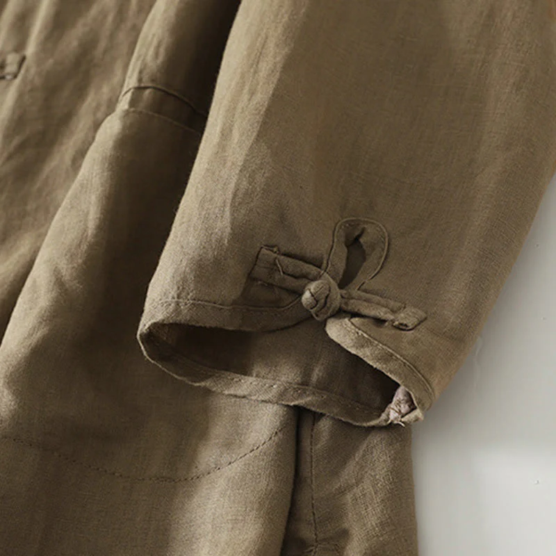 Camicia da donna in cotone di media lunghezza, manica a tre quarti, con colletto rialzato, bottoni a rana, tinta unita, Buddha Stones Fall - Image 7