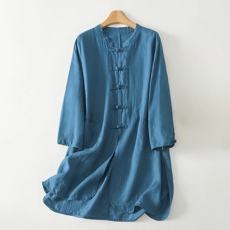 Camicia da donna in cotone di media lunghezza, manica a tre quarti, con colletto rialzato, bottoni a rana, tinta unita, Buddha Stones Fall - Image 8