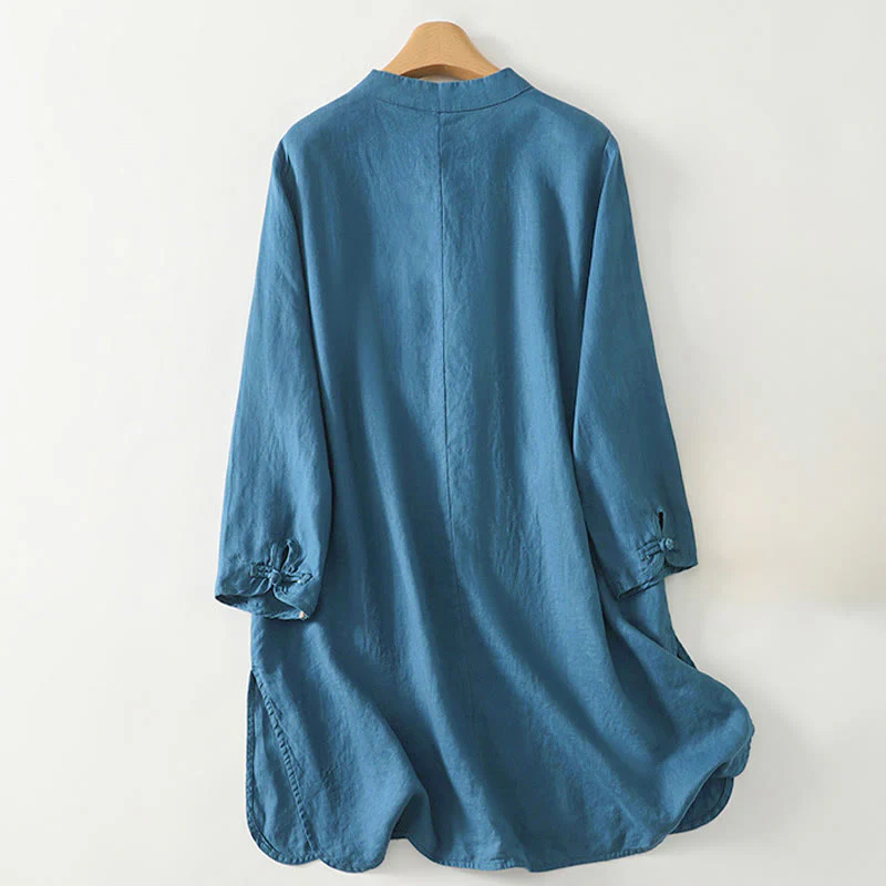 Camicia da donna in cotone di media lunghezza, manica a tre quarti, con colletto rialzato, bottoni a rana, tinta unita, Buddha Stones Fall - Image 9