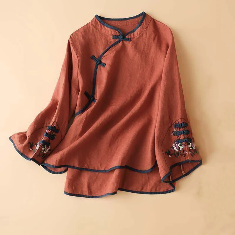 Camicia da donna in cotone e lino a maniche lunghe con ricamo floreale retrò Buddha Stones