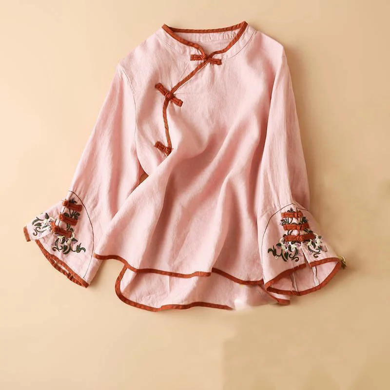 Camicia da donna in cotone e lino a maniche lunghe con ricamo floreale retrò Buddha Stones - Image 14
