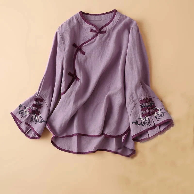 Camicia da donna in cotone e lino a maniche lunghe con ricamo floreale retrò Buddha Stones - Image 17