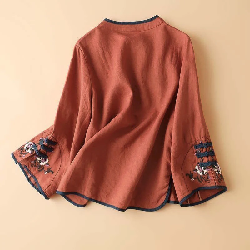 Camicia da donna in cotone e lino a maniche lunghe con ricamo floreale retrò Buddha Stones - Image 2