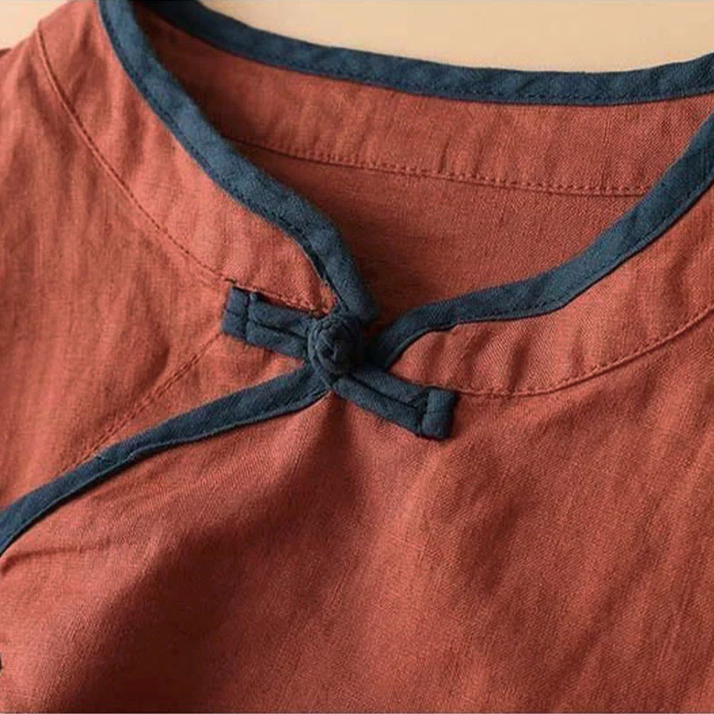 Camicia da donna in cotone e lino a maniche lunghe con ricamo floreale retrò Buddha Stones - Image 3