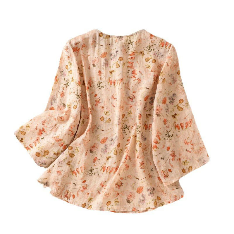 Camicia da donna in cotone e lino a maniche lunghe, con stampa estiva casual e bottoni a rana, motivo Buddha Stones - Image 10