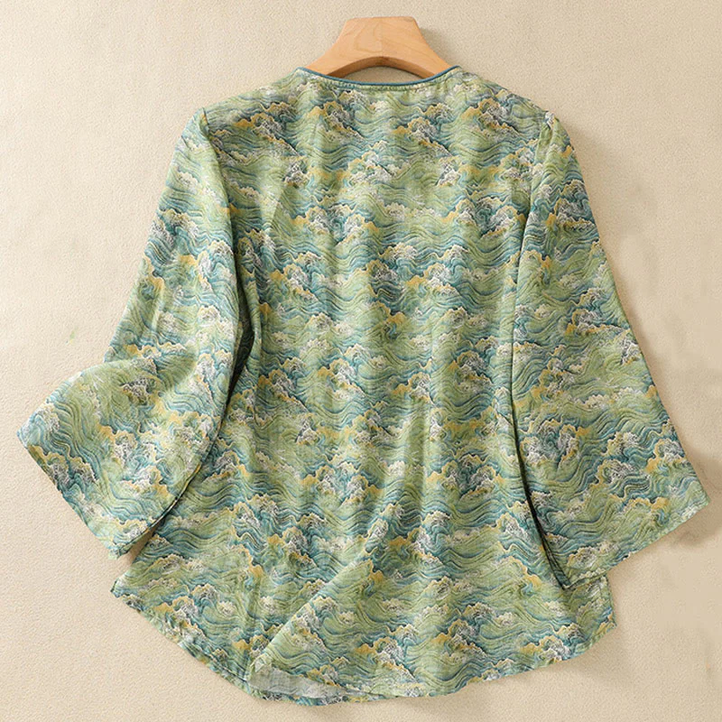 Camicia da donna in cotone e lino a maniche lunghe, con stampa estiva casual e bottoni a rana, motivo Buddha Stones - Image 12