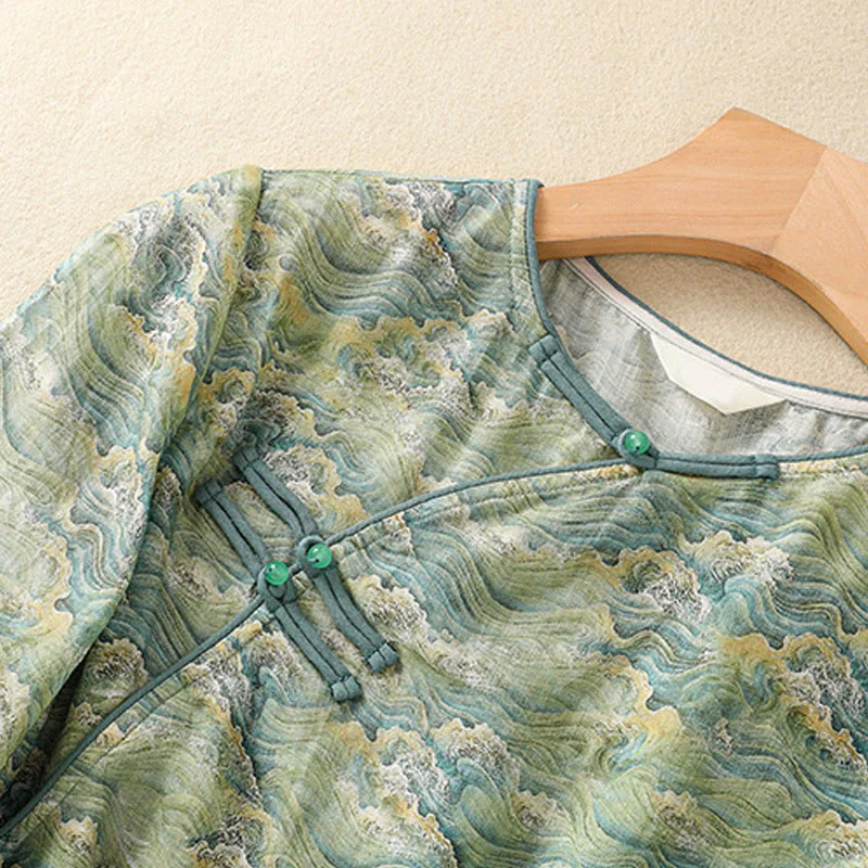Camicia da donna in cotone e lino a maniche lunghe, con stampa estiva casual e bottoni a rana, motivo Buddha Stones - Image 14