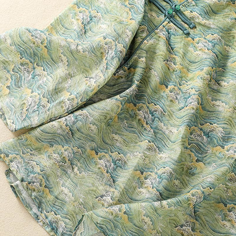 Camicia da donna in cotone e lino a maniche lunghe, con stampa estiva casual e bottoni a rana, motivo Buddha Stones - Image 16