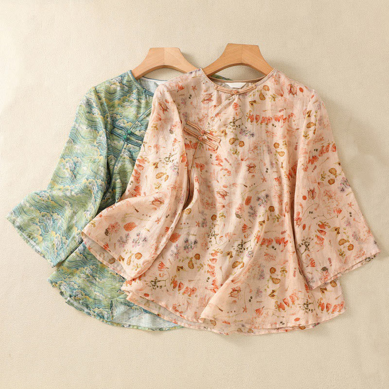 Camicia da donna in cotone e lino a maniche lunghe, con stampa estiva casual e bottoni a rana, motivo Buddha Stones - Image 19