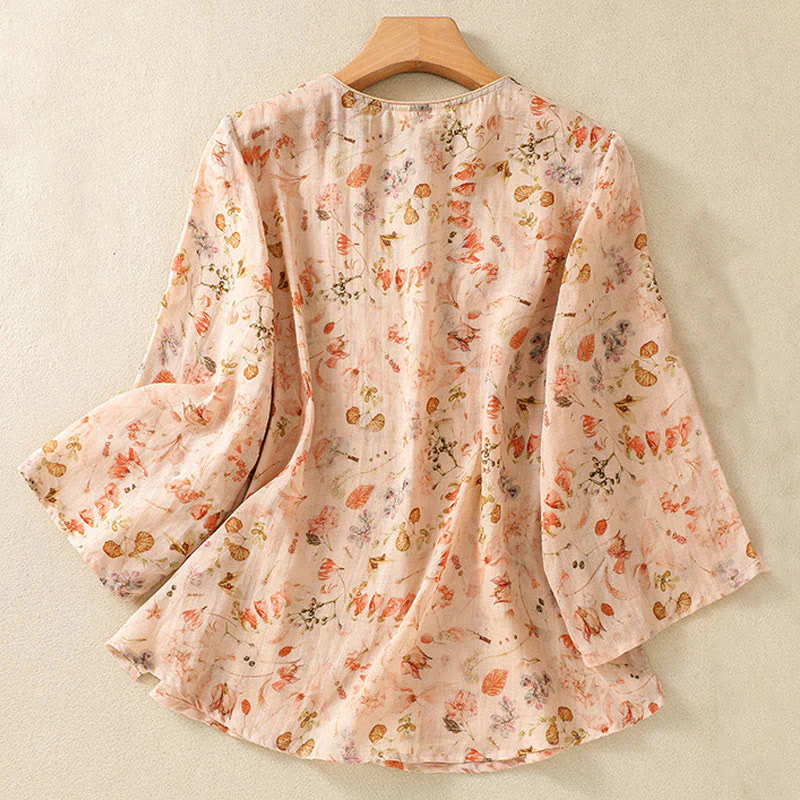 Camicia da donna in cotone e lino a maniche lunghe, con stampa estiva casual e bottoni a rana, motivo Buddha Stones - Image 2
