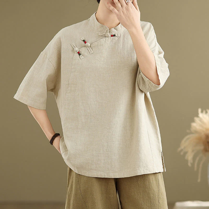 Camicia da donna in cotone e lino a mezza manica con colletto rialzato, motivo Buddha Stones, semplice motivo cinese con bottoni a rana