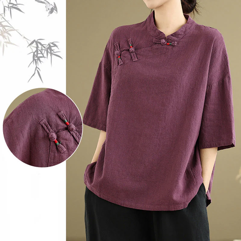 Camicia da donna in cotone e lino a mezza manica con colletto rialzato, motivo Buddha Stones, semplice motivo cinese con bottoni a rana - Image 10