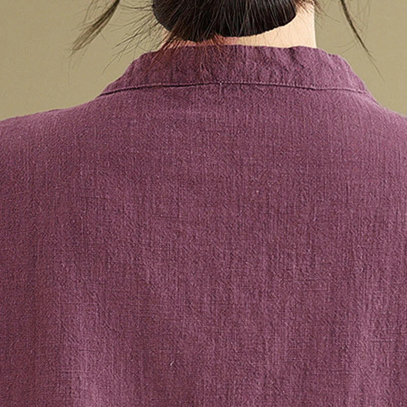 Camicia da donna in cotone e lino a mezza manica con colletto rialzato, motivo Buddha Stones, semplice motivo cinese con bottoni a rana - Image 14