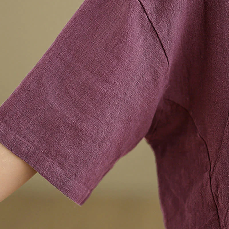 Camicia da donna in cotone e lino a mezza manica con colletto rialzato, motivo Buddha Stones, semplice motivo cinese con bottoni a rana - Image 16
