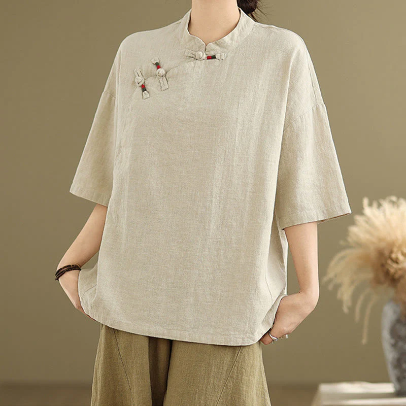 Camicia da donna in cotone e lino a mezza manica con colletto rialzato, motivo Buddha Stones, semplice motivo cinese con bottoni a rana - Image 2