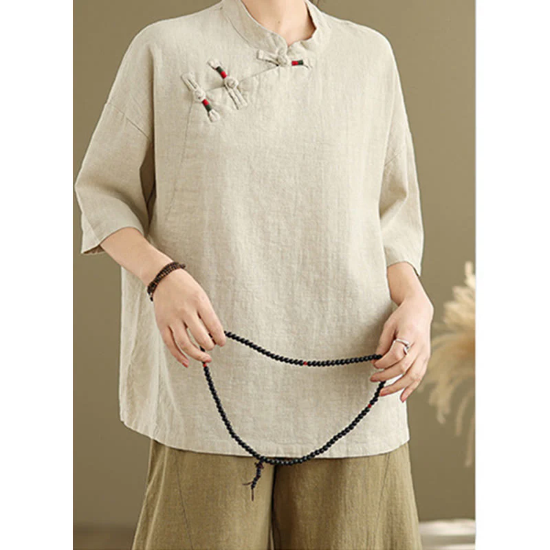 Camicia da donna in cotone e lino a mezza manica con colletto rialzato, motivo Buddha Stones, semplice motivo cinese con bottoni a rana - Image 3