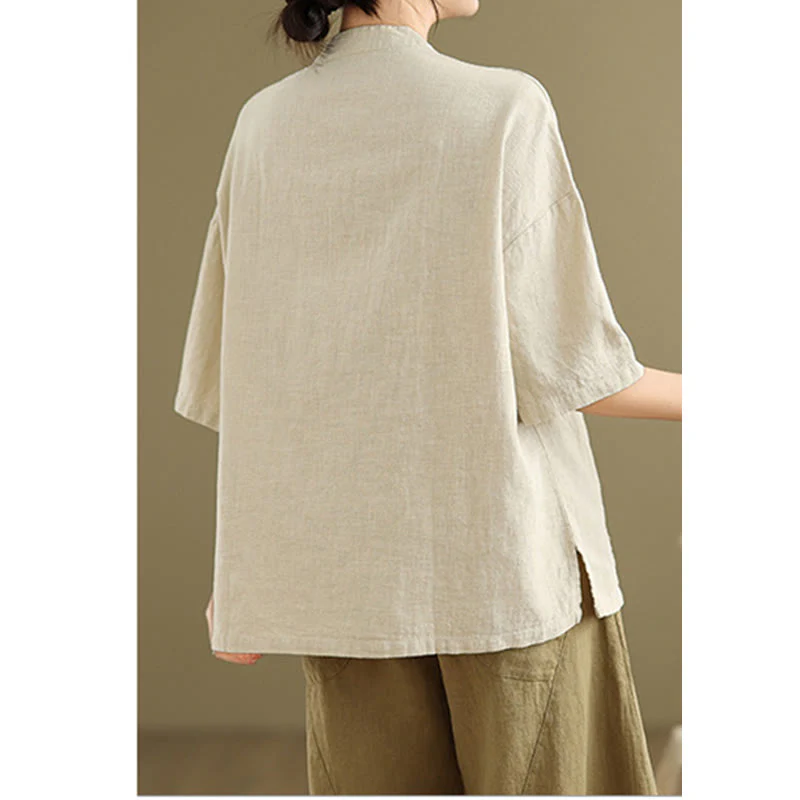 Camicia da donna in cotone e lino a mezza manica con colletto rialzato, motivo Buddha Stones, semplice motivo cinese con bottoni a rana - Image 4