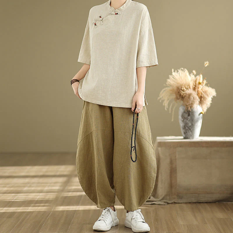 Camicia da donna in cotone e lino a mezza manica con colletto rialzato, motivo Buddha Stones, semplice motivo cinese con bottoni a rana - Image 5