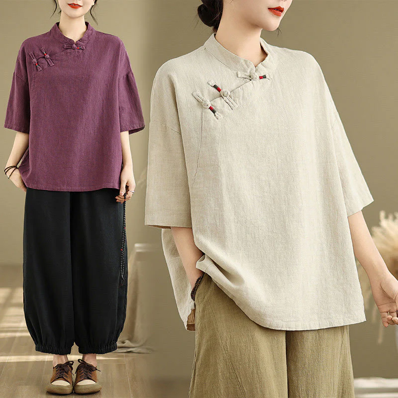 Camicia da donna in cotone e lino a mezza manica con colletto rialzato, motivo Buddha Stones, semplice motivo cinese con bottoni a rana - Image 6