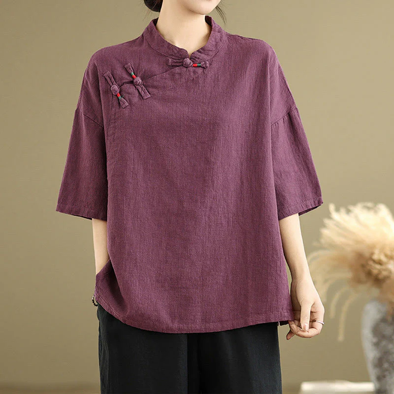 Camicia da donna in cotone e lino a mezza manica con colletto rialzato, motivo Buddha Stones, semplice motivo cinese con bottoni a rana - Image 7