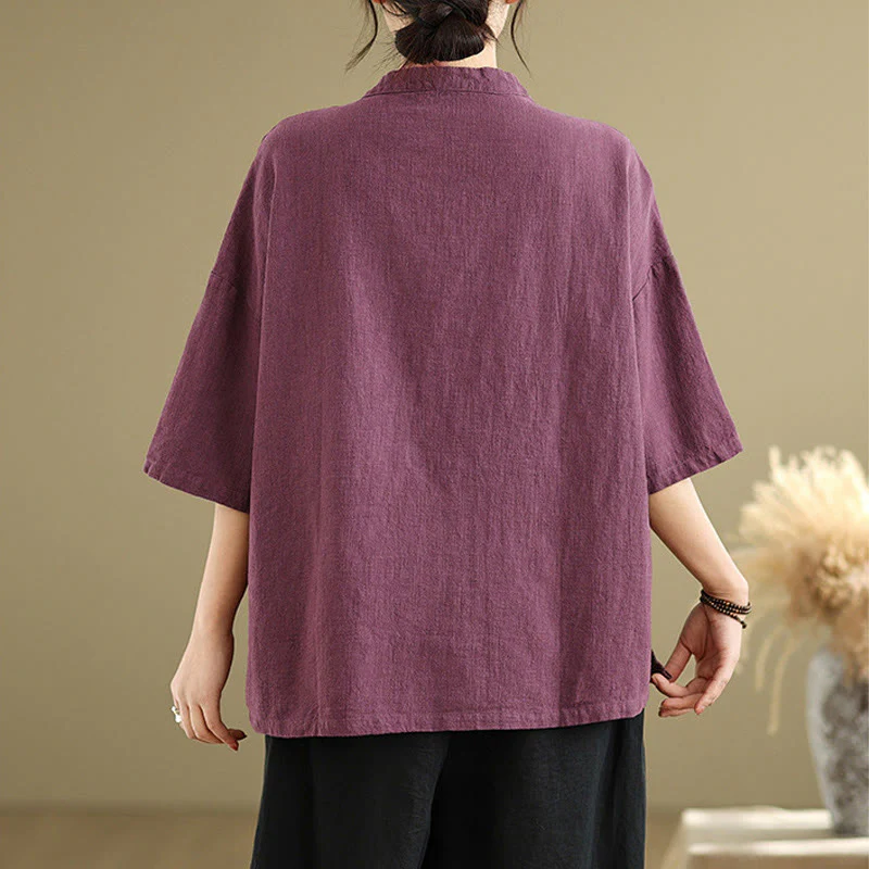 Camicia da donna in cotone e lino a mezza manica con colletto rialzato, motivo Buddha Stones, semplice motivo cinese con bottoni a rana - Image 8