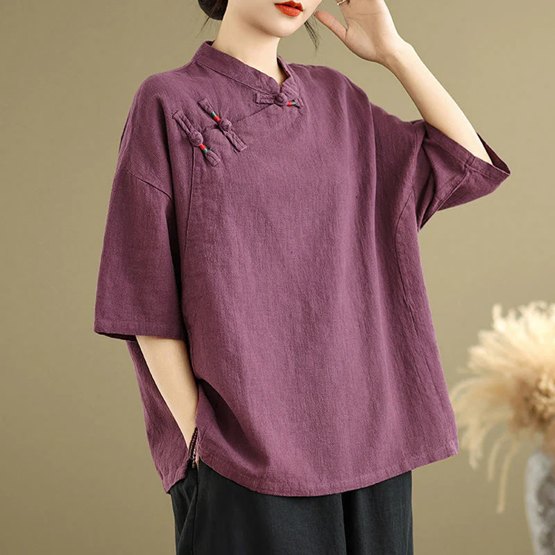 Camicia da donna in cotone e lino a mezza manica con colletto rialzato, motivo Buddha Stones, semplice motivo cinese con bottoni a rana - Image 9